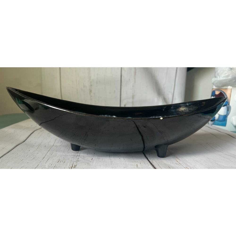 Royal Haeger #R1745 Art Pottery, 3-Footed Console Bowl black drip glaze
